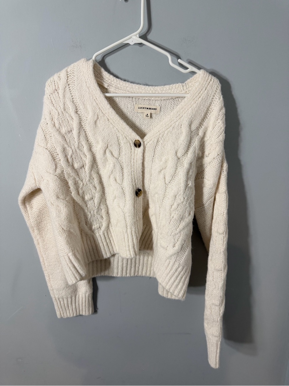 Lucky Brand Ivory Cable Knit V-Neck Button Cardigan